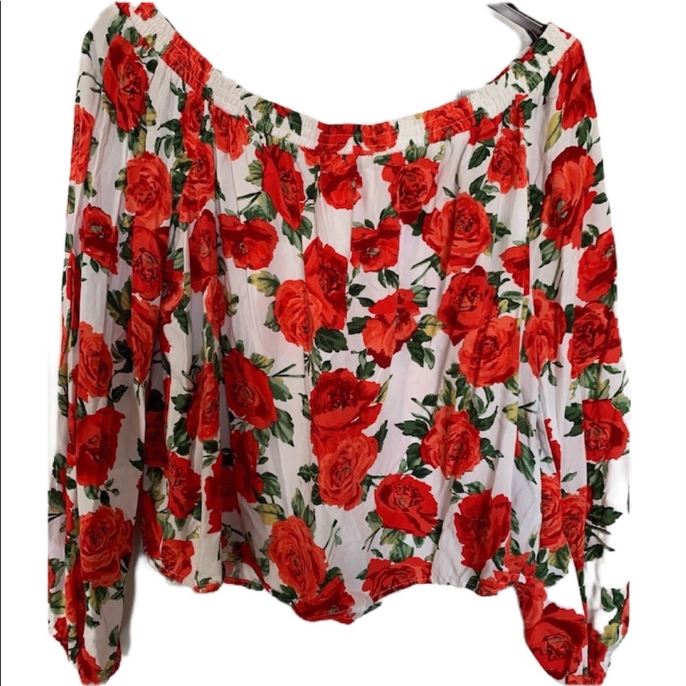 Rose Print Long Sleeve Off the Shoulder Top
